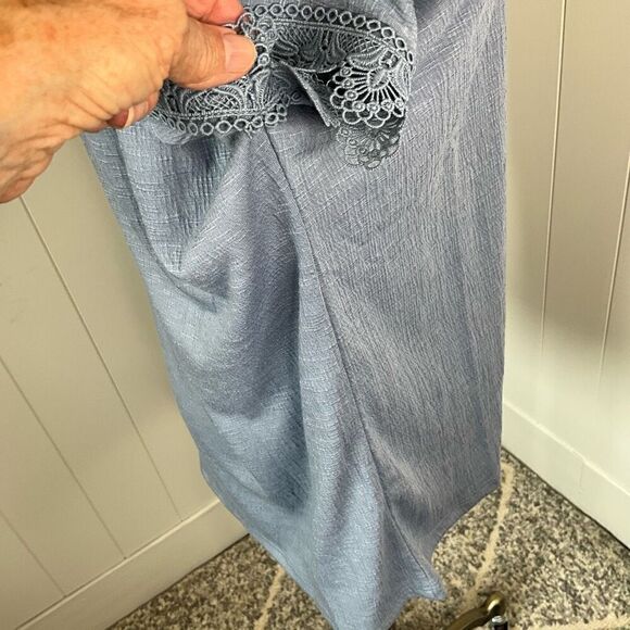 Fred David Womens Large Pullover Tie Neck Top Blue Tassels Textured Short Sleeve - Picture 6 of 13